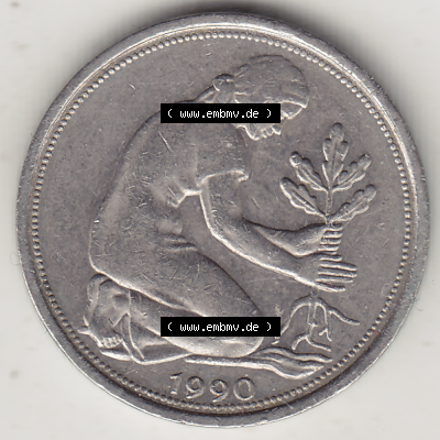 BRD Münze Deutschland Original Bild in PNG 1950-2001, Fünfzig 50 Pfennig 1990 F-1 Original Vorderseite Farbe (1) - Das farbiges... Sammlung