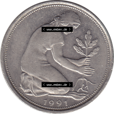 BRD Münze Deutschland Original Bild in PNG 1990-2001, Fünfzig 50 Pfennig 1991 A VS ausgeschnitten Farbe (1) - Das farbiges Digital... Sammlung