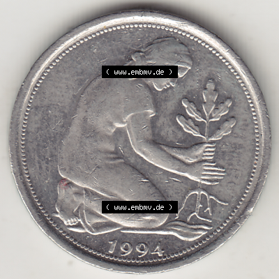 BRD Münze Deutschland Original Bild in PNG 1950-2001, Fünfzig 50 Pfennig 1994 F Original Vorderseite Farbe (1) - Das farbiges... Sammlung