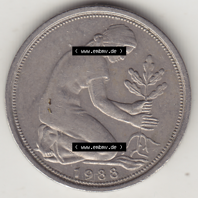 BRD Münze Deutschland Original Bild in PNG 1950-2001, Fünfzig 50 Pfennig 1988 J-1 Original Vorderseite Farbe (1) - Das farbiges... Sammlung