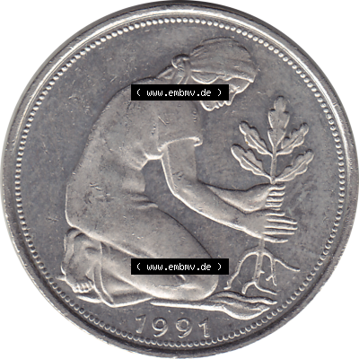 BRD Münze Deutschland Original Bild in PNG 1950-2001, Fünfzig 50 Pfennig 1991 J VS ausgeschnitten Farbe (1) - Das farbiges Digital... Sammlung