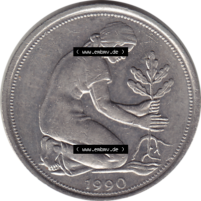 BRD Münze Deutschland Original Bild in PNG 1950-2001, Fünfzig 50 Pfennig 1990 G VS ausgeschnitten Farbe (1) - Das farbiges Digital... Sammlung