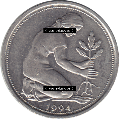 BRD Münze Deutschland Original Bild in PNG 1950-2001, Fünfzig 50 Pfennig 1994 G VS ausgeschnitten Farbe (1) - Das farbiges Digital... Sammlung