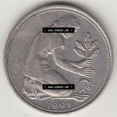 BRD Münze Deutschland Original Bild in PNG 1950-2001, Fünfzig 50 Pfennig 1991 G Original Vorderseite Farbe (1) - Das farbiges... Sammlung