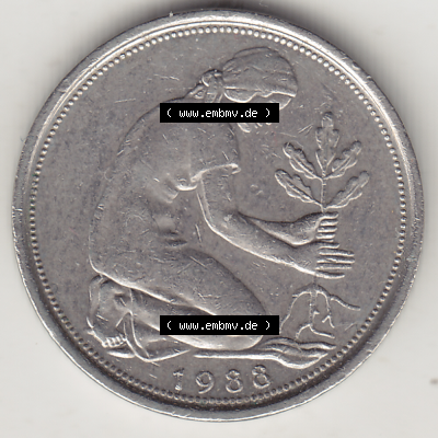 BRD Münze Deutschland Original Bild in PNG 1950-2001, Fünfzig 50 Pfennig 1988 D-1 Original Vorderseite Farbe (1) - Das farbiges... Sammlung