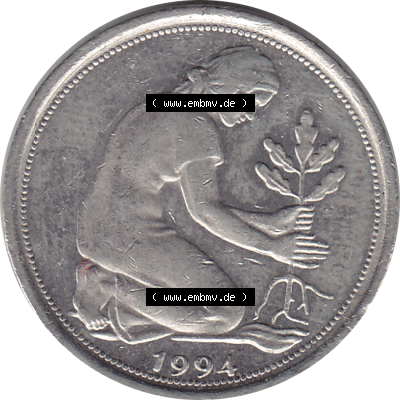BRD Münze Deutschland Original Bild in PNG 1950-2001, Fünfzig 50 Pfennig 1994 F VS ausgeschnitten Farbe (1) - Das farbiges Digital... Sammlung