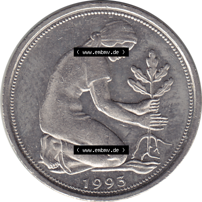 BRD Münze Deutschland Original Bild in PNG 1950-2001, Fünfzig 50 Pfennig 1993 J VS ausgeschnitten Farbe (1) - Das farbiges Digital... Sammlung