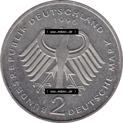 BRD Münze Deutschland Original Bild in PNG 1994-2001, 2 DM, Deutsche Mark Willy Brandt 1996 F (5) - Das farbiges Digital Bild... Sammlung
