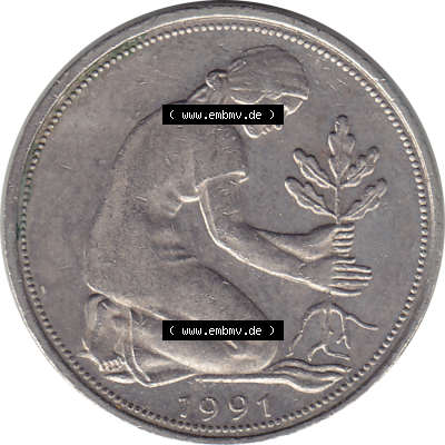 BRD Münze Deutschland Original Bild in PNG 1950-2001, Fünfzig 50 Pfennig 1991 G VS ausgeschnitten Farbe (1) - Das farbiges Digital... Sammlung