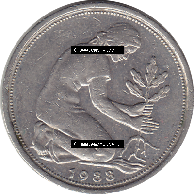 BRD Münze Deutschland Original Bild in PNG 1950-2001, Fünfzig 50 Pfennig 1988 F-1 VS ausgeschnitten Farbe (1) - Das farbiges... Sammlung