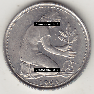 BRD Münze Deutschland Original Bild in PNG 1950-2001, Fünfzig 50 Pfennig 1994 J Original Vorderseite Farbe (1) - Das farbiges... Sammlung