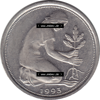 BRD Münze Deutschland Original Bild in PNG 1950-2001, Fünfzig 50 Pfennig 1993 F VS ausgeschnitten Farbe (1) - Das farbiges Digital... Sammlung