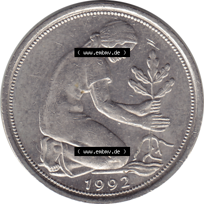 BRD Münze Deutschland Original Bild in PNG 1950-2001, Fünfzig 50 Pfennig 1992 F VS ausgeschnitten Farbe (1) - Das farbiges Digital... Sammlung