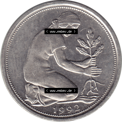 BRD Münze Deutschland Original Bild in PNG 1950-2001, Fünfzig 50 Pfennig 1992 G VS ausgeschnitten Farbe (1) - Das farbiges Digital... Sammlung