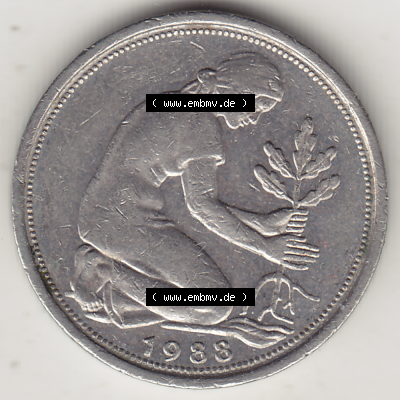 BRD Münze Deutschland Original Bild in PNG 1950-2001, Fünfzig 50 Pfennig 1988 F-1 Original Vorderseite Farbe (1) - Das farbiges... Sammlung