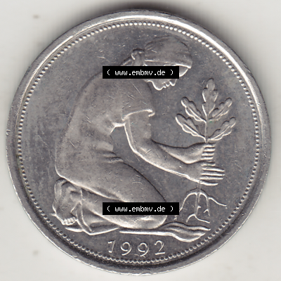 BRD Münze Deutschland Original Bild in PNG 1950-2001, Fünfzig 50 Pfennig 1992 J Original Vorderseite Farbe (1) - Das farbiges... Sammlung