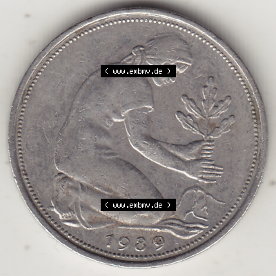 BRD Münze Deutschland Original Bild in PNG 1950-2001, Fünfzig 50 Pfennig 1989 D-1 Original Vorderseite Farbe (1) - Das farbiges... Sammlung