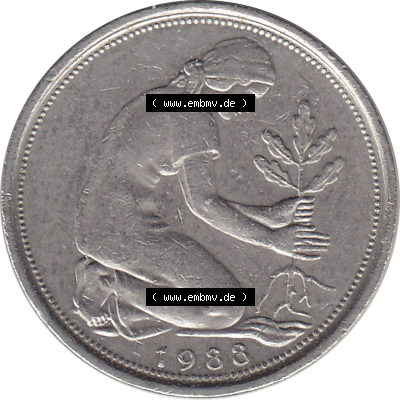 BRD Münze Deutschland Original Bild in PNG 1950-2001, Fünfzig 50 Pfennig 1988 D-1 VS ausgeschnitten Farbe (1) - Das farbiges... Sammlung
