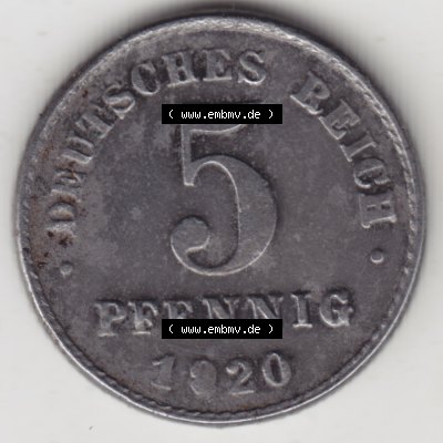Weimarer Republik Umlaufmünze 1915-1922, 5 Pfennig D, 1920, Münzen Rückseite zum Download Sammlung