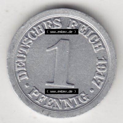 Weimarer Republik Umlaufmünze 1916-1918, 1 Pfennig A, 1917, Münzen Rückseite zum Download Sammlung