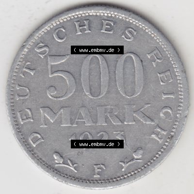 Weimarer Republik Umlaufmünze 1923-1923, 500 Mark F, Münzen Rückseite zum Download Sammlung