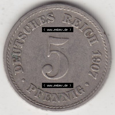 Deutsches Kaiserreich Umlaufmünze 1890-1915, 5 Pfennig A, 1907, Münzen Rückseite zum Download Sammlung