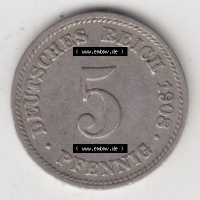 Deutsches Kaiserreich Umlaufmünze 1890-1915, 5 Pfennig D, 1908, Münzen Rückseite zum Download Sammlung
