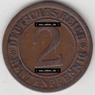 Weimarer Republik Umlaufmünze 1923-1924, 2 Rentenpfennig 1924 A, D, E, F, G, J, Münzen Rückseite zum Download Sammlung