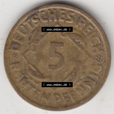Weimarer Republik Umlaufmünze 1923-1924, 5 Rentenpfennig D, 1924, Münzen Rückseite zum Download Sammlung