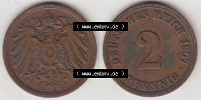 Deutsches Kaiserreich Umlaufmünze 1904-1916, 2 Pfennig A, 1907, Münzen Vollansicht Horizontal zum Download Sammlung