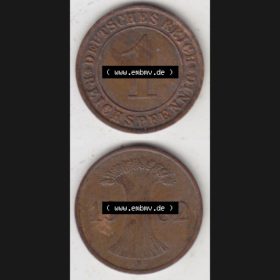Weimarer Republik Umlaufmünze 1924-1936, 1 Reichspfennig A, 1932, Münzen Vollansicht Vertikal zum Download Sammlung