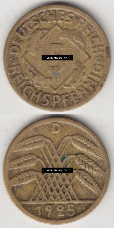 Weimarer Republik Umlaufmünze 1924-1936, 5 Reichspfennig D, 1925, Münzen Vollansicht Vertikal zum Download Sammlung