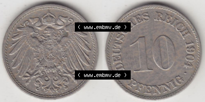 Deutsches Kaiserreich Umlaufmünze 1890-1916, 10 Pfennig D, 1904, Münzen Vollansicht Horizontal zum Download Sammlung