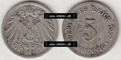 Deutsches Kaiserreich Umlaufmünze 1890-1915, 5 Pfennig A, 1907 II, Münzen Vollansicht Horizontal zum Download Sammlung