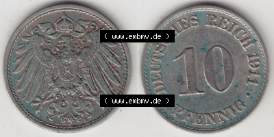 Deutsches Kaiserreich Umlaufmünze 1890-1916, 10 Pfennig A, 1911, Münzen Vollansicht Horizontal zum Download Sammlung