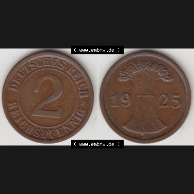 Weimarer Republik Umlaufmünze 1924-1936, 2 Reichspfennig A, 1925, Münzen Vollansicht Horizontal zum Download Sammlung