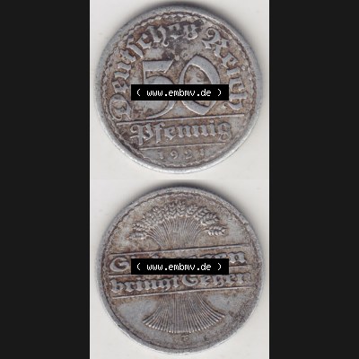 Weimarer Republik Umlaufmünze 1919-1922, 50 Pfennig F, 1921 Sich Regen Bringt Segen, Münzen Vollansicht Vertikal zum Download für Mobile-Geräte Sammlung