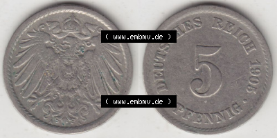 Deutsches Kaiserreich Umlaufmünze 1890-1915, 5 Pfennig A, 1905, Münzen Vollansicht Horizontal zum Download Sammlung