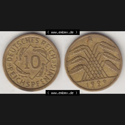 Weimarer Republik Umlaufmünze 1924-1936, 10 Reichspfennig A, 1929, Münzen Vollansicht Horizontal zum Download Sammlung
