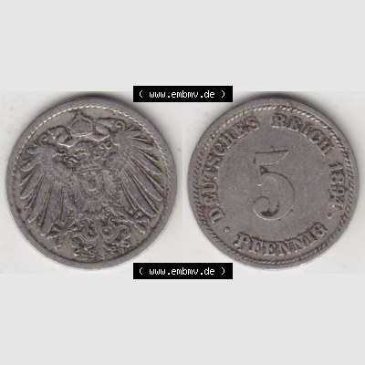 Deutsches Kaiserreich Umlaufmünze 1890-1915, 5 Pfennig D, 1894, Münzen Vollansicht Horizontal zum Download Sammlung