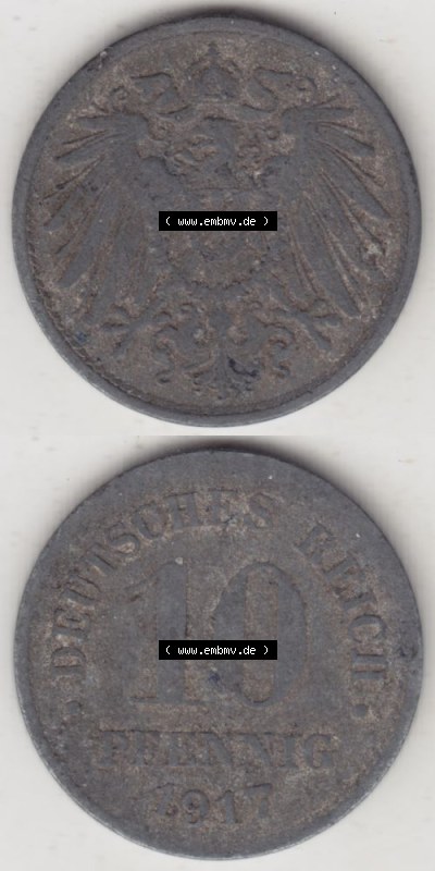 Deutsches Kaiserreich Umlaufmünze 1917-1922, 10 Pfennig kein Mzz. 1917 II, Münzen Vollansicht Vertikal zum Download Sammlung