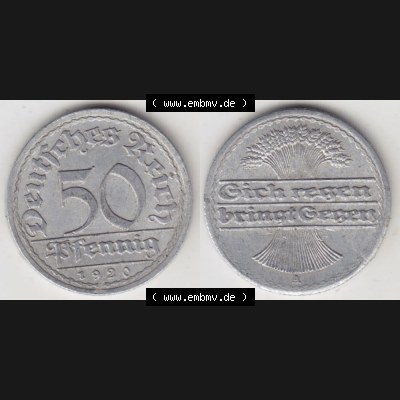 Weimarer Republik Umlaufmünze 1919-1922, 50 Pfennig A, 1920, Münzen Vollansicht Horizontal zum Download Sammlung