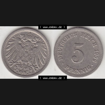 Deutsches Kaiserreich Umlaufmünze 1890-1915, 5 Pfennig A, 1906, Münzen Vollansicht Horizontal zum Download Sammlung