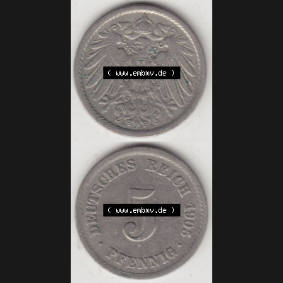 Deutsches Kaiserreich Umlaufmünze 1890-1915, 5 Pfennig A, 1905, Münzen Vollansicht Vertikal zum Download Sammlung