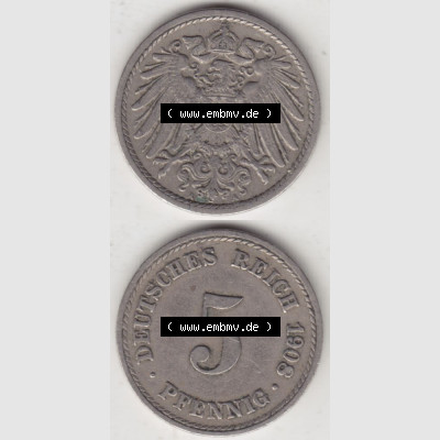 Deutsches Kaiserreich Umlaufmünze 1890-1915, 5 Pfennig A, 1908 II, Münzen Vollansicht Vertikal zum Download Sammlung