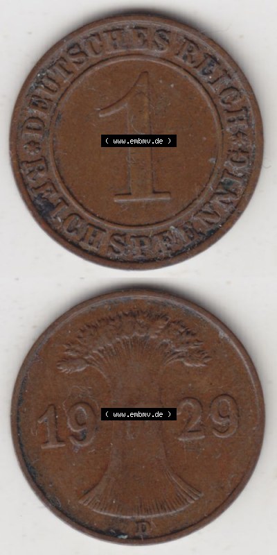 Weimarer Republik Umlaufmünze 1924-1936, 1 Reichspfennig D, 1929, Münzen Vollansicht Vertikal zum Download Sammlung