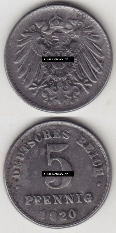 Weimarer Republik Umlaufmünze 1915-1922, 5 Pfennig D, 1920, Münzen Vollansicht Vertikal zum Download Sammlung