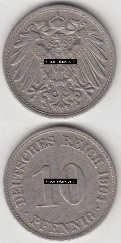 Deutsches Kaiserreich Umlaufmünze 1890-1916, 10 Pfennig D, 1904, Münzen Vollansicht Vertikal zum Download Sammlung
