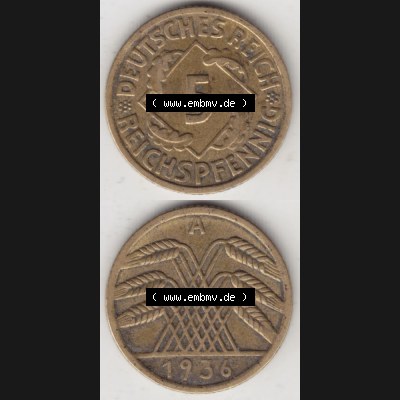 Deutsches Reich Umlaufmünze 1924-1936, 5 Reichspfennig A, 1936, Münzen Vollansicht Vertikal zum Download für Mobile-Geräte Sammlung