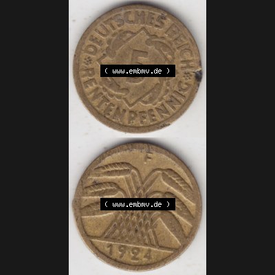 Weimarer Republik Umlaufmünze 1924-1936, 5 Reichspfennig F, 1924 I, Münzen Vollansicht Vertikal zum Download Sammlung